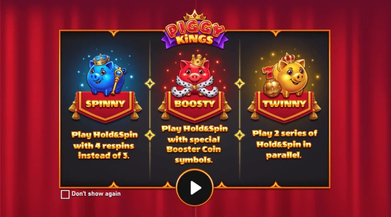 Piggy Kings - layar utama dengan tiga babi dan gulungan
