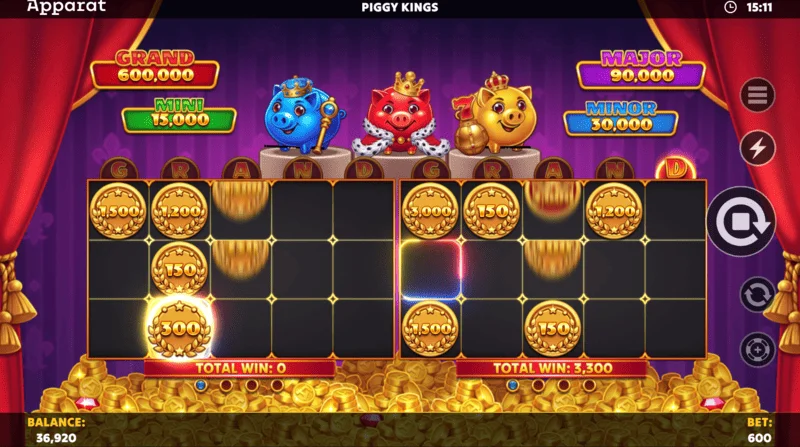 Piggy Kings - menu pengaturan dan kisaran taruhan